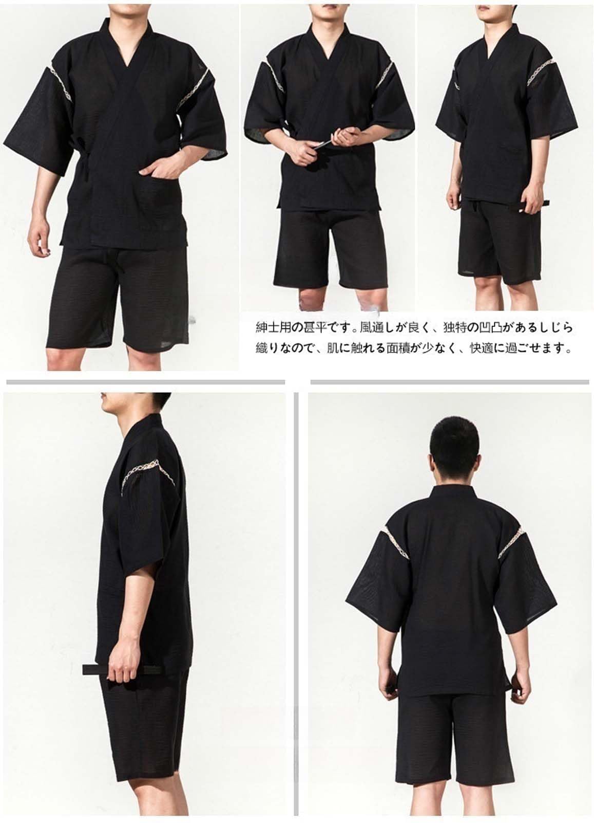 ZEALMAX Conjunto de kimono japonés para hombre, camisa y pantalones cortos, algodón y lino, bata de baño, color negro