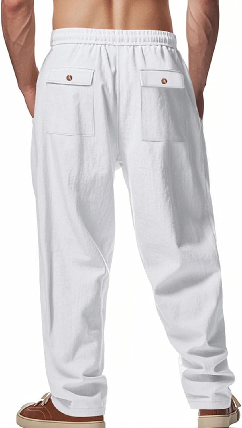 Zhyaj Baggy Linen Pants Men Elastic Waist Drawstring Casual Loose Fit Wide Straight Leg Summer Lightweight Vacation Pants