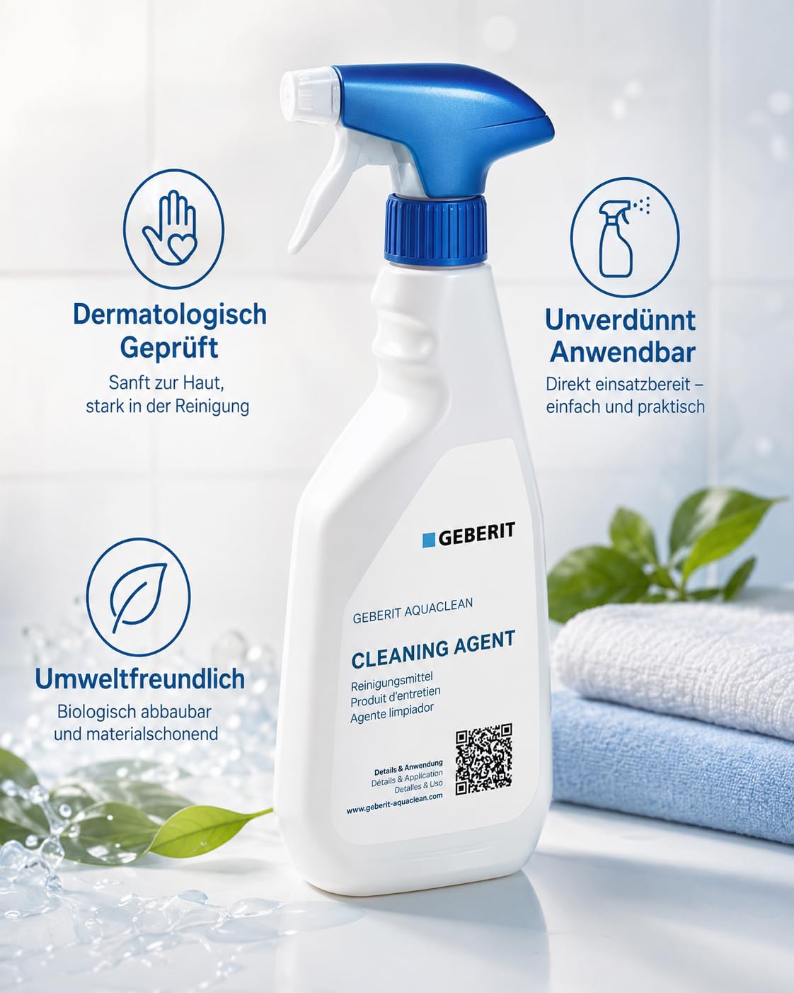 Pflege-Set für Geberit AquaClean Dusch-WC, Reinigungsmittel 500 ml + Entkalkungsmittel 4 x 125 ml + Mikrofasertuch 40 x 40 cm, materialschonend und gebrauchsfertig