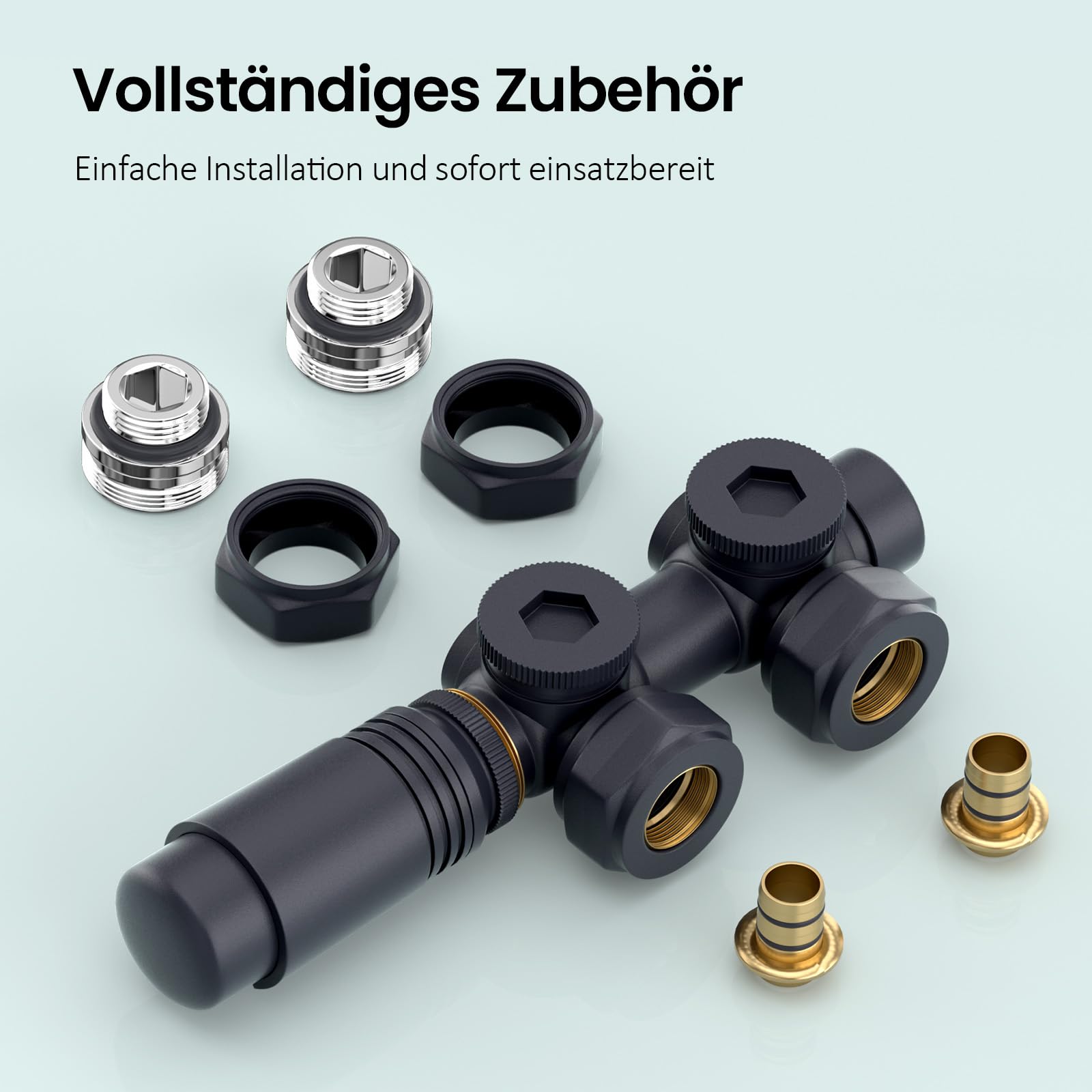 S'AFIELINA Zestaw Multiblock 50mm z głowicą termostatyczną, Zawór do grzejnika łazienkowego 2-w-1 Ściana/Podłoga, Złączki PEX 16mm i Miedź 15mm, Przyłącze środkowe dolne G 1/2", Anthrazit