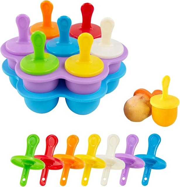 2PCS Silicone Ice Lolly Moulds, XIACIBDUS Mini Popsicle Mold, Ice Cream Mold with Colorful Plastic Sticks, 7-Cavity DIY Ice Pop Mold for Kids Baby Homemade Food (Blue and Purple)