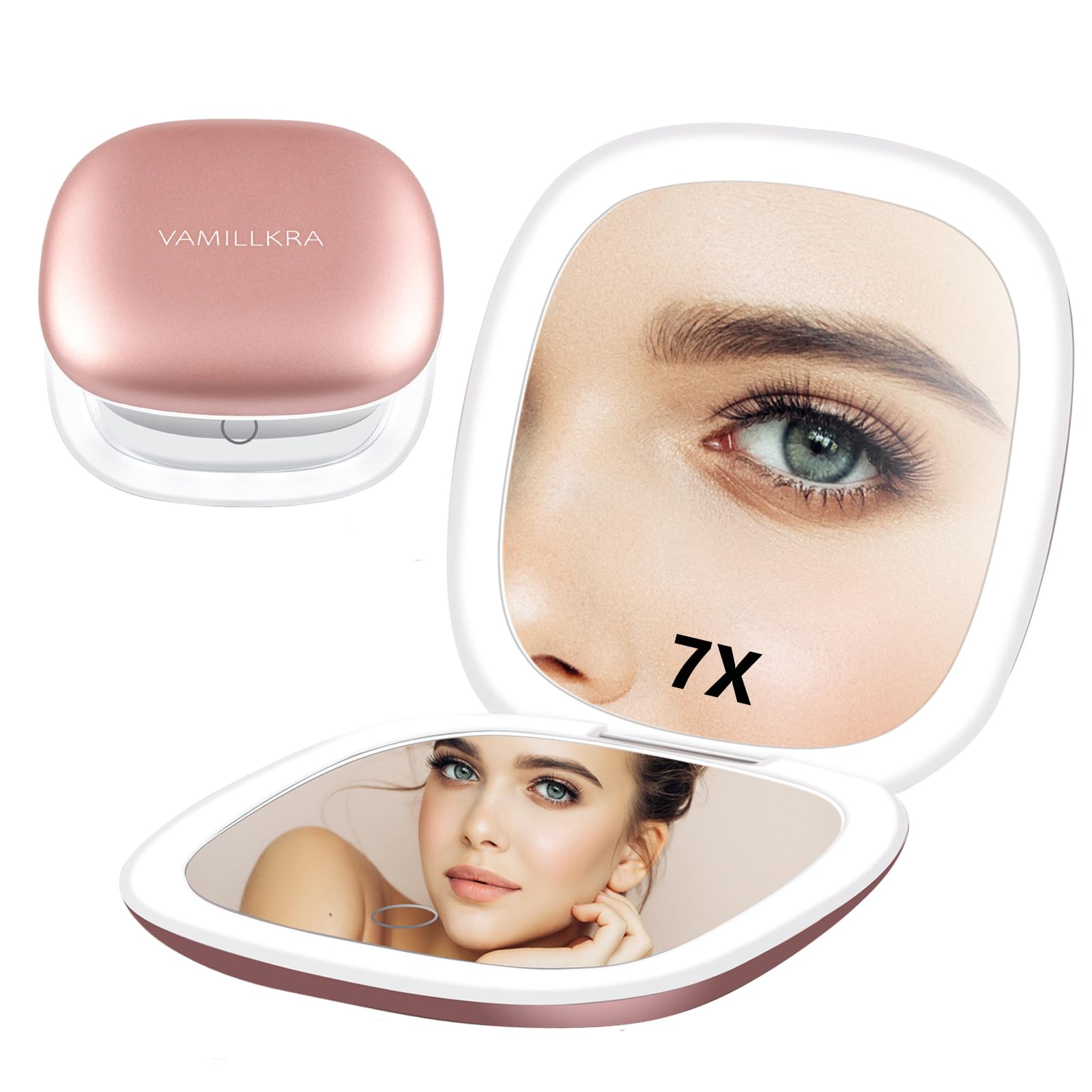 Vamillkra Travel Mirror with Light, 1X/7X Magnifying Mirror, 4 Inch LED Lighted Rechargeable Compact Makeup Mirror, 3 Colors Dimmable Light Up