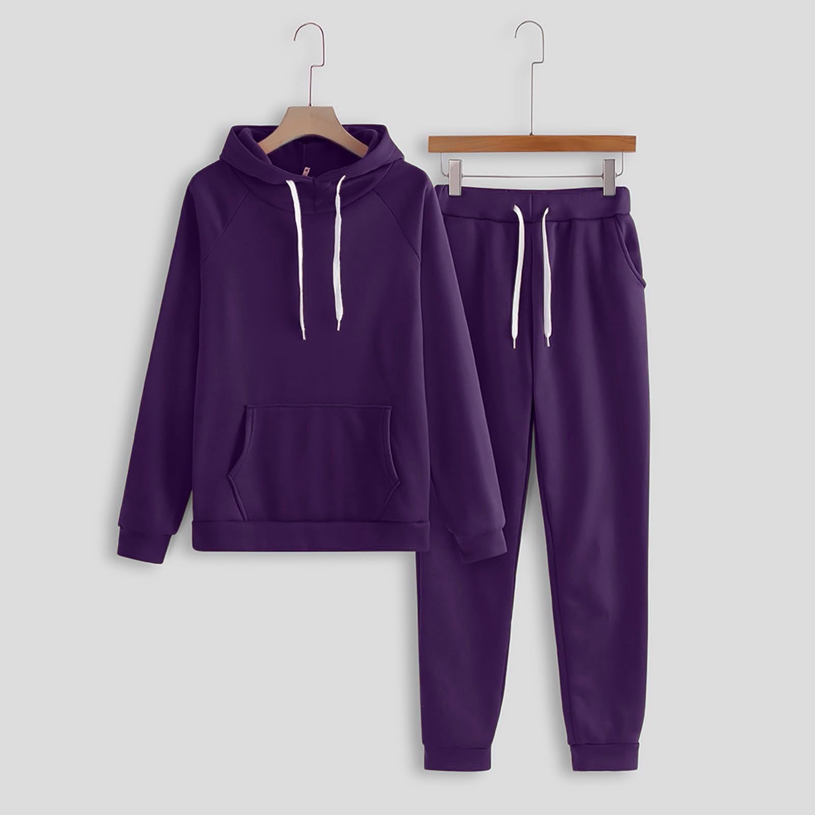 Tenue de loisirs pour femme - Ensemble pyjama côtelé - 2 pièces | Sweat à capuche à manches longues et longue taille élastique, pantalon de loisirs, pyjama avec cordon de serrage et poches