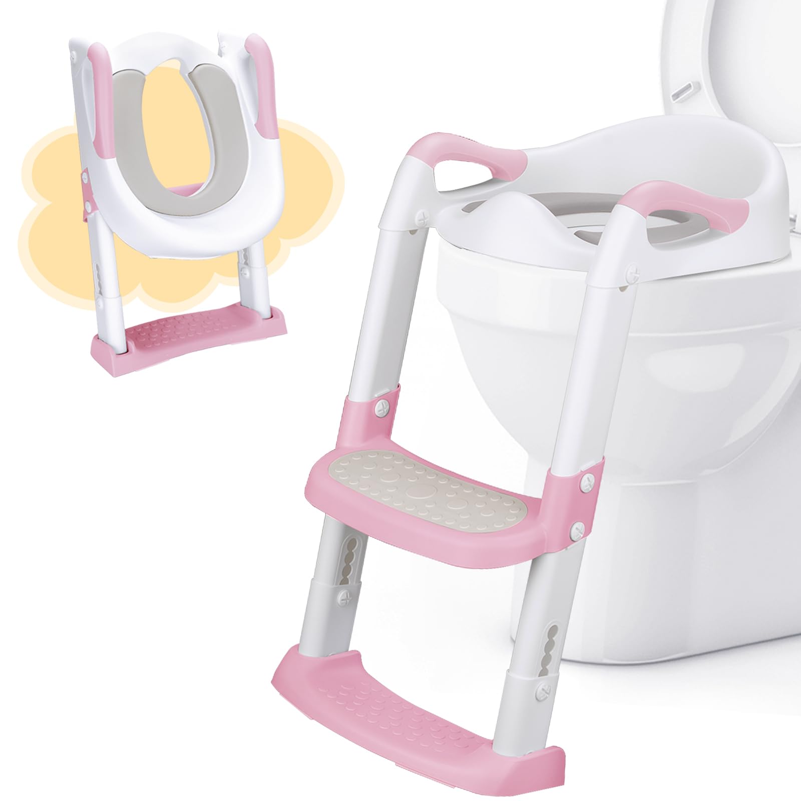 DEANIC Riduttore WC Bambini con Scaletta, Scaletta WC per Bambini Pieghevole, Adattatore wc per Bambini Cuscino morbido PU, Applicabile All'altezza Della Toilette 38-47cm (Rosa)