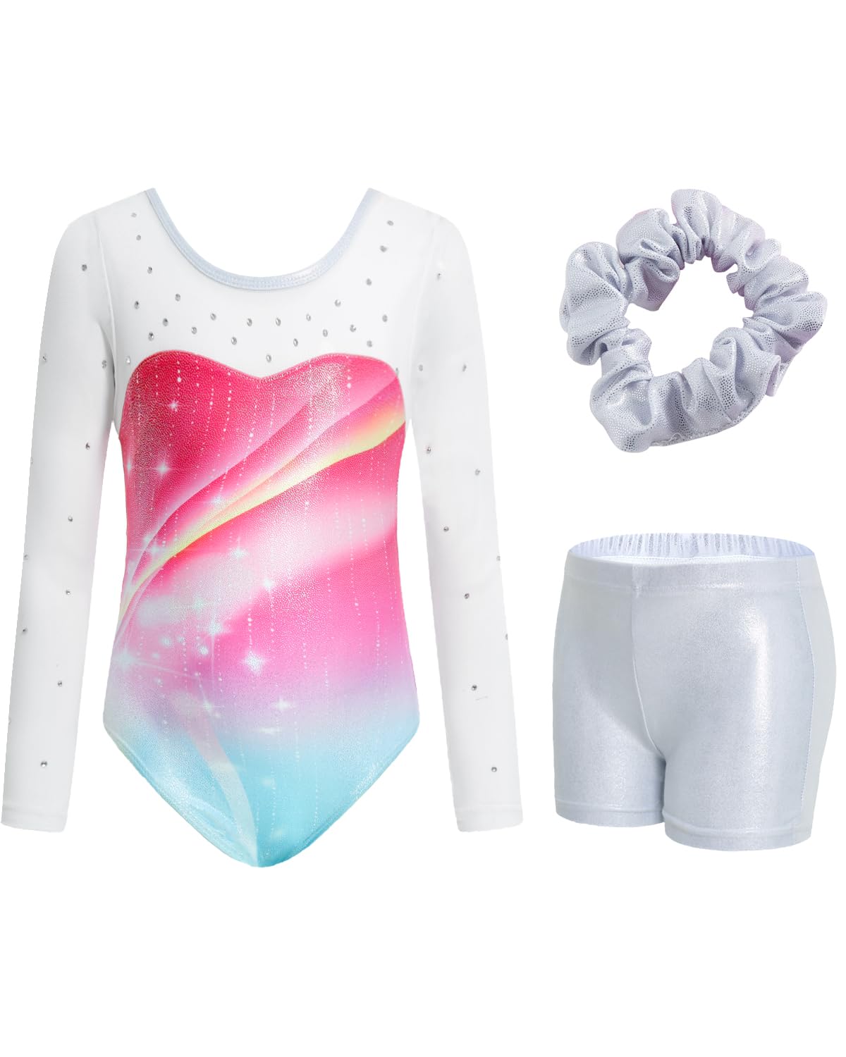 JiAmy Gymnastikanzug Mädchen, Turnanzug Turnshorts Haarband Set Turnanzug Leotard Set für 3-12 Jahre