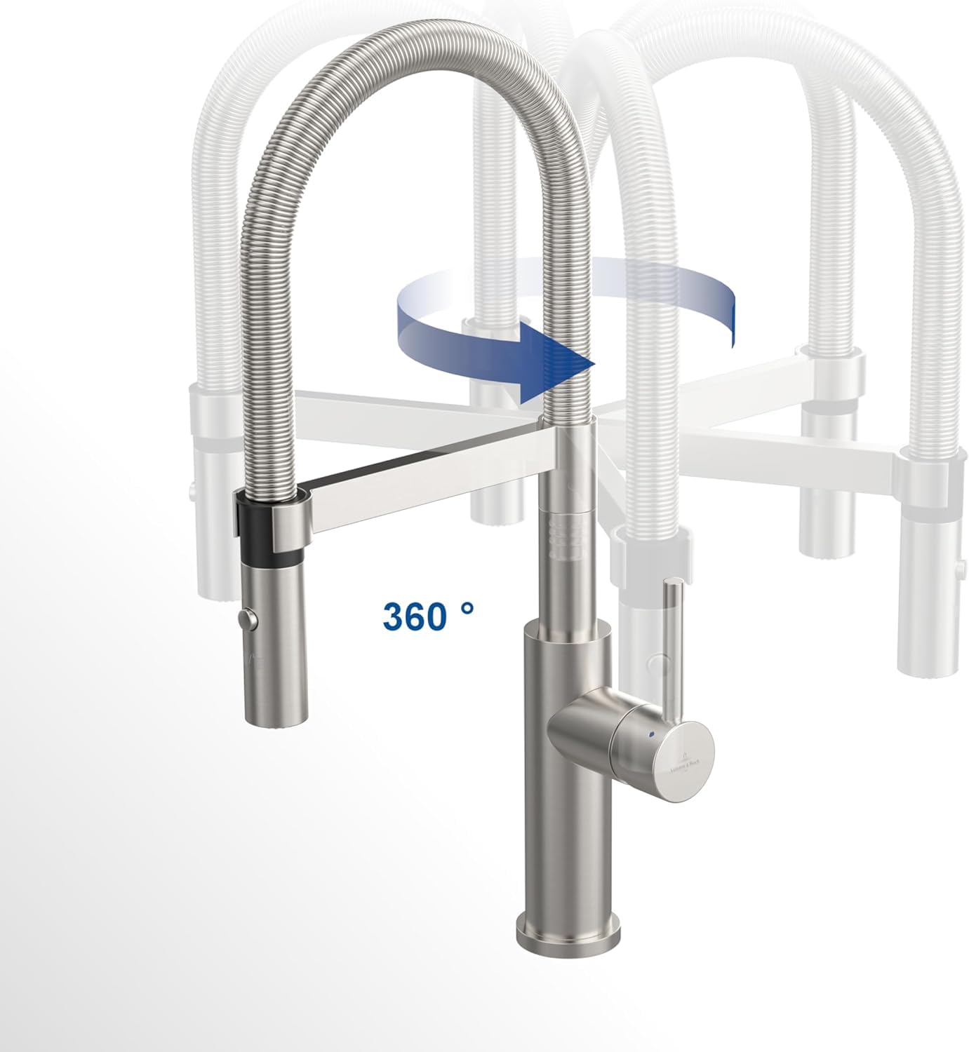 Villeroy & Boch Steel Expert Compact grifería de cocina, alta presión, con función de conmutación y desagüe orientable, grifo de fregadero de bajo consumo, altura del caño 143 mm, acero inoxidable