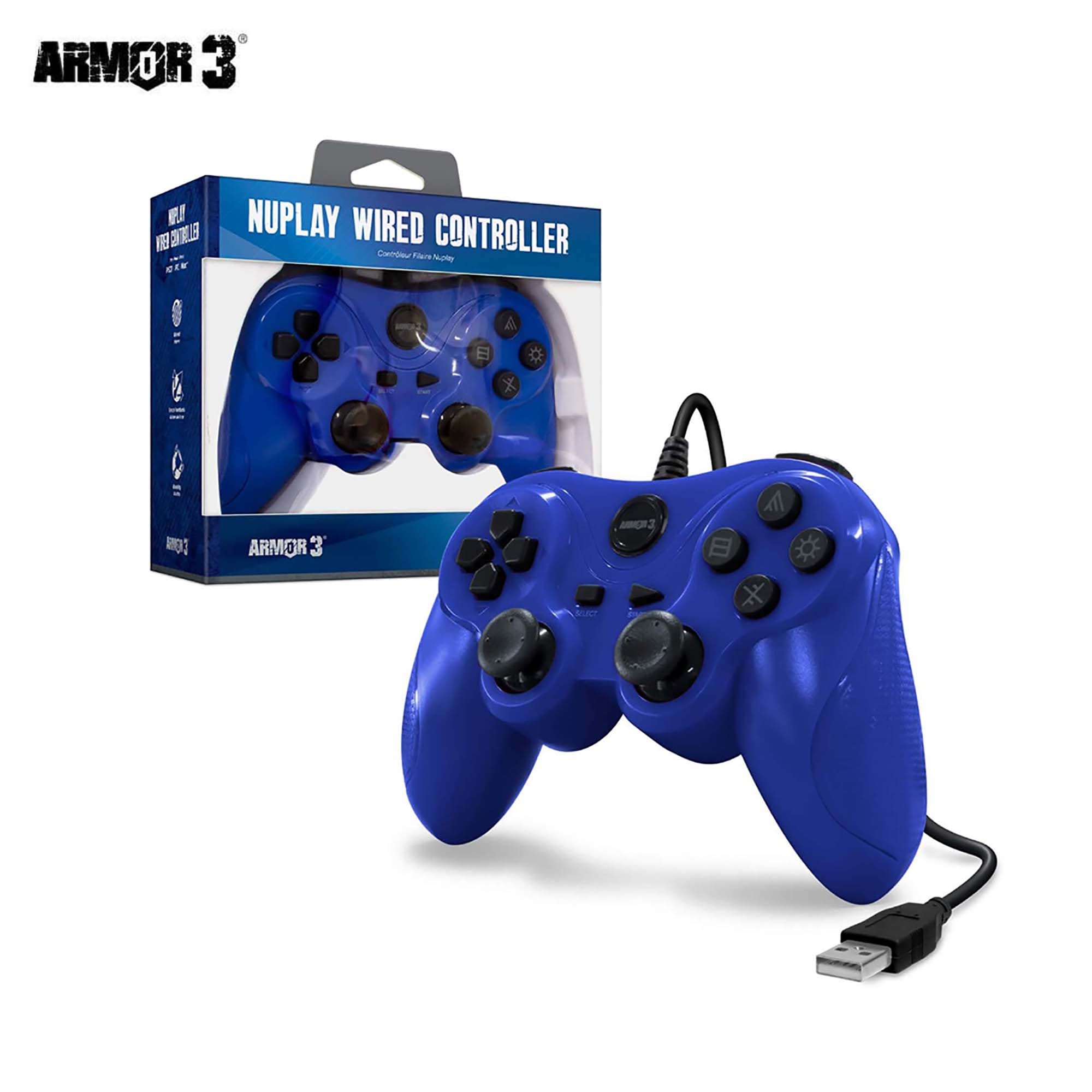 Armor3 "Nuplay" Wired Game Controller for PS3/PC/Mac -Blue | Compatible with Playstation 3, with Non-slip Thumb Grips