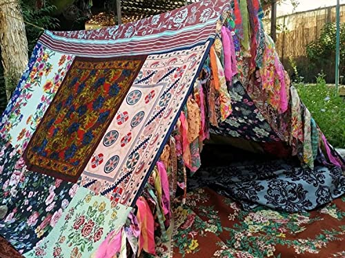 EthinicCraftHub® Indian Vintage Old Silk Sari Recycled Multi Color Handmade Patchwork Witchy Gypsy Woman Boho Tent Hippie Patchwork