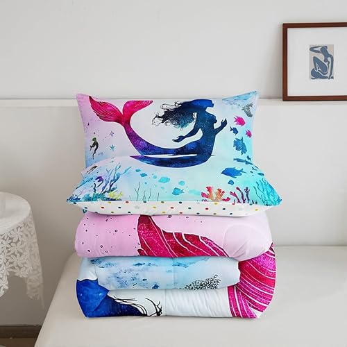Miniatura 4 de Erosebridal Juego de ropa de cama de sirena rosa, juego de edredón de tamaño individual con diseño de mar marino y océano, edredón de dibujos