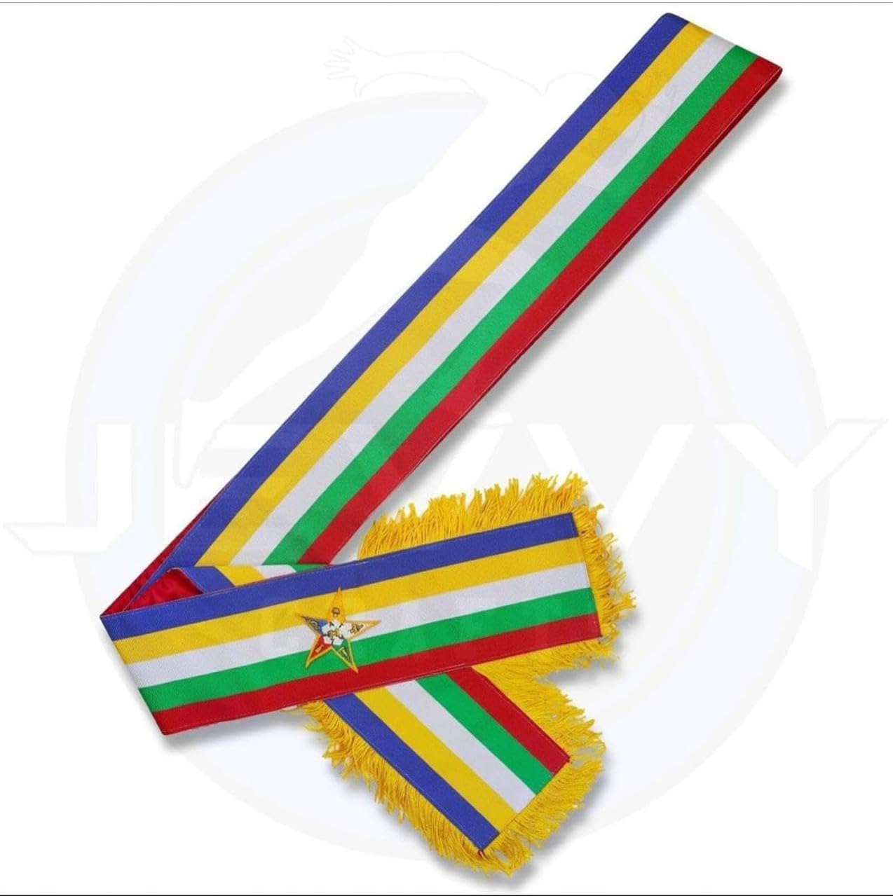 Set of 12 OES Sashes – Masonic Order of the Eastern Star Regalia – Red Satin Lined Sash with Yellow Fringe & Embroidered Five-Color Star – Bulk Ceremonial Sashes