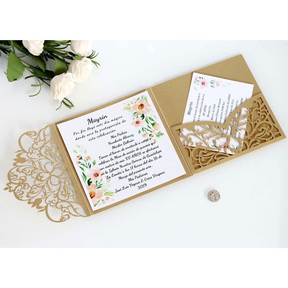 50 pz 5.9"x 5.9" Avorio Vintage Tri Fold Inviti di Nozze Carte Tasca Perla Carta Laser Cut Hollow Carving Auguri invita Copertine