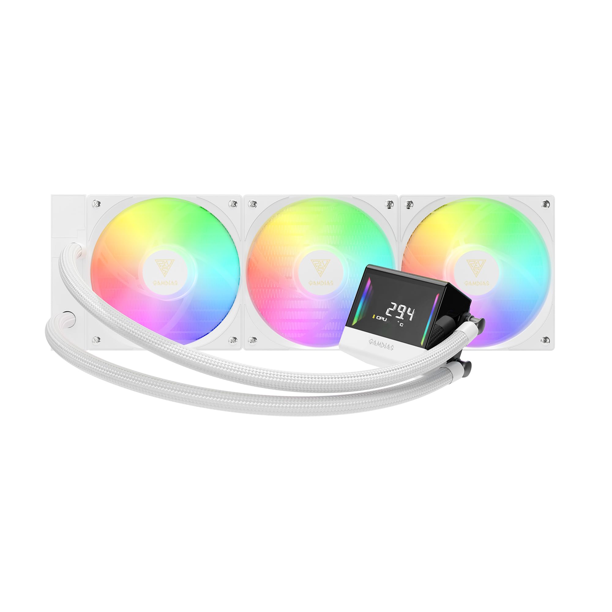 GAMDIAS CHIONE E4 - Enfriador líquido AIO de CPU de 360 mm, pantalla digital en tiempo real, bomba PWM patentada, 3 ventiladores de 120 mm de fácil gestión de cables con sincronización ARGB, Intel LGA