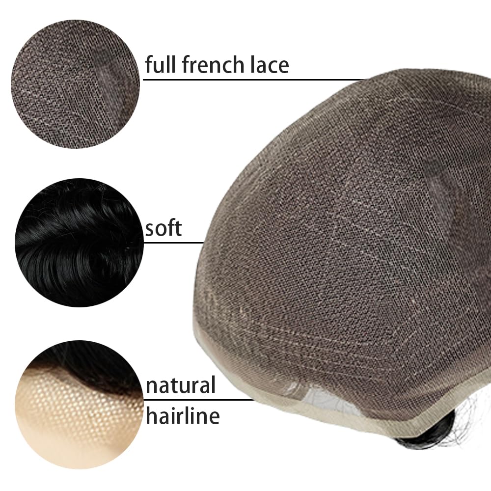Human Toupee Hair for Men Full French Lace 8x10 Inches Replacement Systems for Men Hairpieces #1b Off Black Mens Wigs