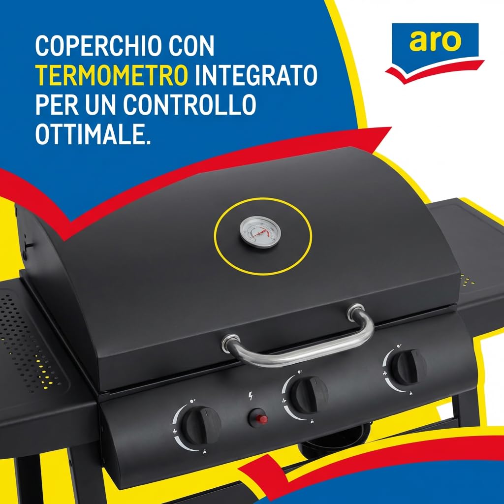 aro Barbecue a Gas 3 Bruciatori Acciaio Nero con Termometro Tavolini Laterali