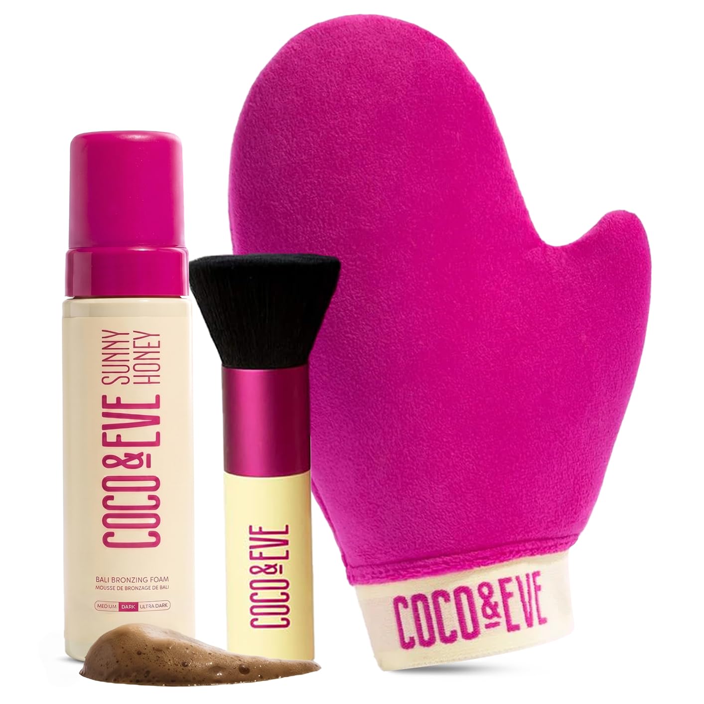 Kit de bronzage Sunny Honey Bali de Coco & Eve (foncé). Mousse de bronzage sans soleil entièrement naturelle. Lotion autobronzante instantanée avec bronzeur, gant applicateur et pinceau kabuki.