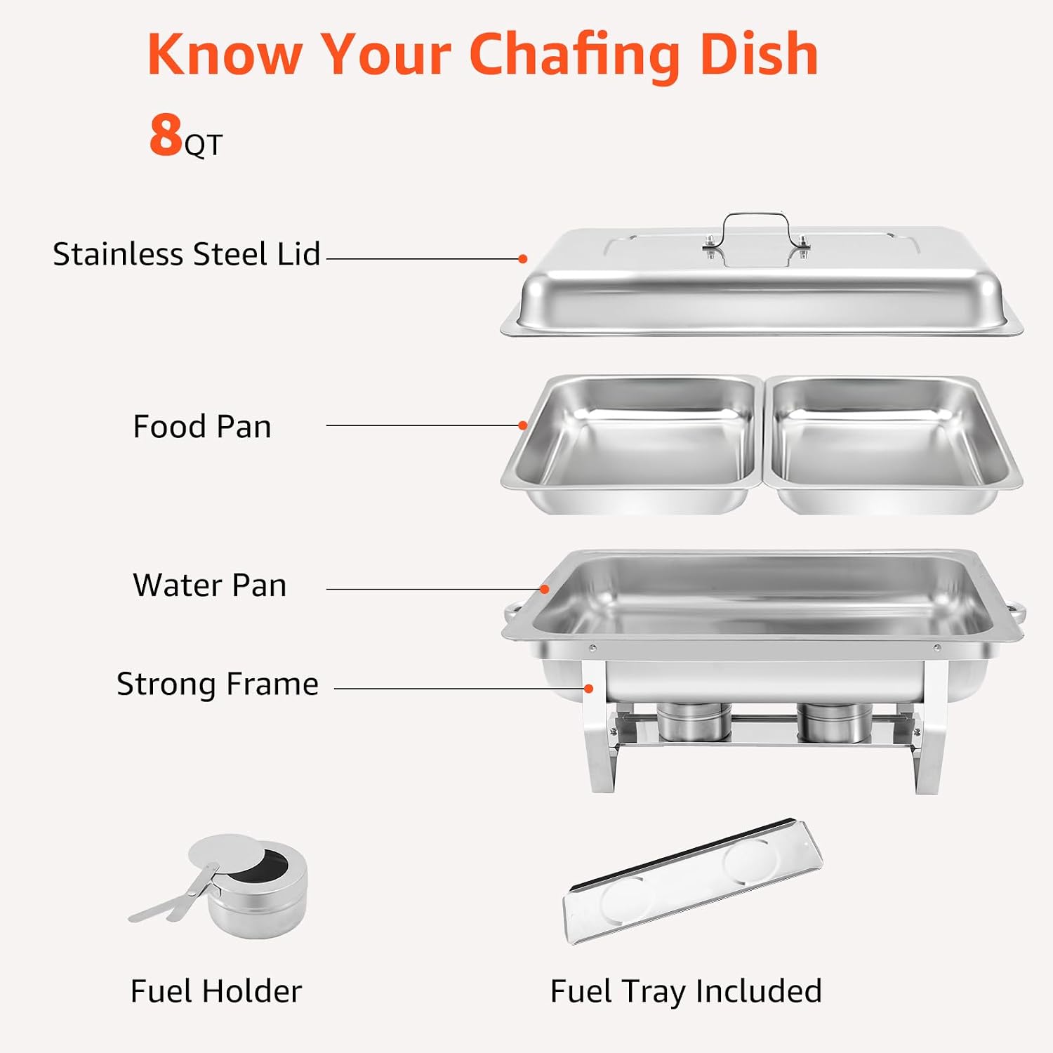 8QT Chafing Dishes for Buffet 6 Pack, Stainless Steel Chafing Dishes Buffet Set with Half-Size Pans, Chafers and Buffet Food Warmer for Parties, Birthday, Wedding