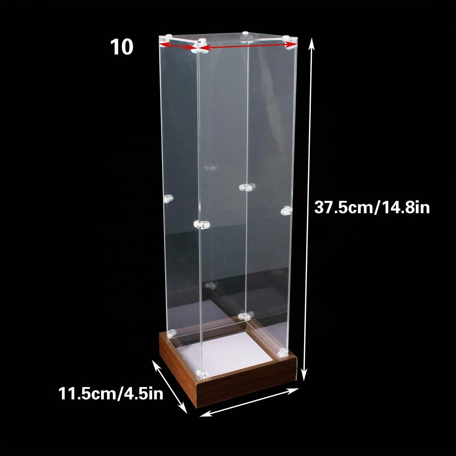 Vitrine à Bouteilles de vin en Acrylique avec Socle en Bois Boîte de présentation pour Bouteilles de vin Rouge Étanche à la poussière pour hampagne, liqueurs, Whisky, bière 10x10x35 cm