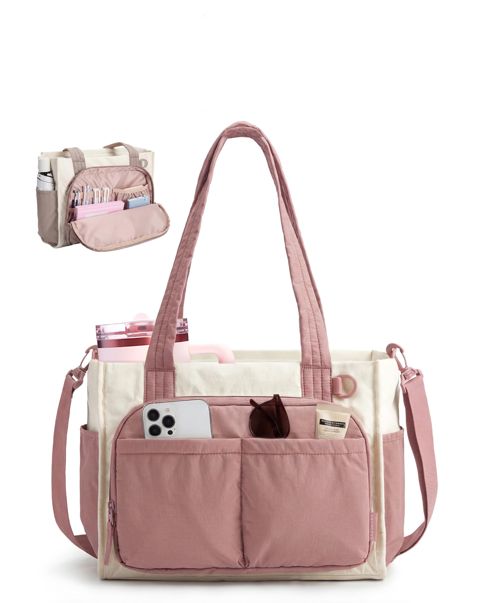 BAGSMART Tote Bag for Women Work, Puffy Travel Tote Handbag Gift for Teacher & Nurse | Medium-13" laptop, w/ 30oz cup holder, Large-15.6" laptop, w/ 40oz cup holder, For campus, work, mothers day gifts — view 13