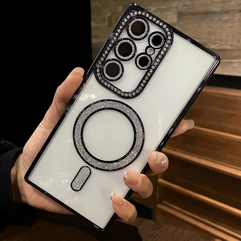 Image of for Samsung Galaxy Glitter Case,Luxury Bling Rhinestone Diamond Plated Bumper Case,MagSafe, Sparkle Camera Lens Protection Clear Back Cover (Black, for Samsung Galaxy S25 Ultra)