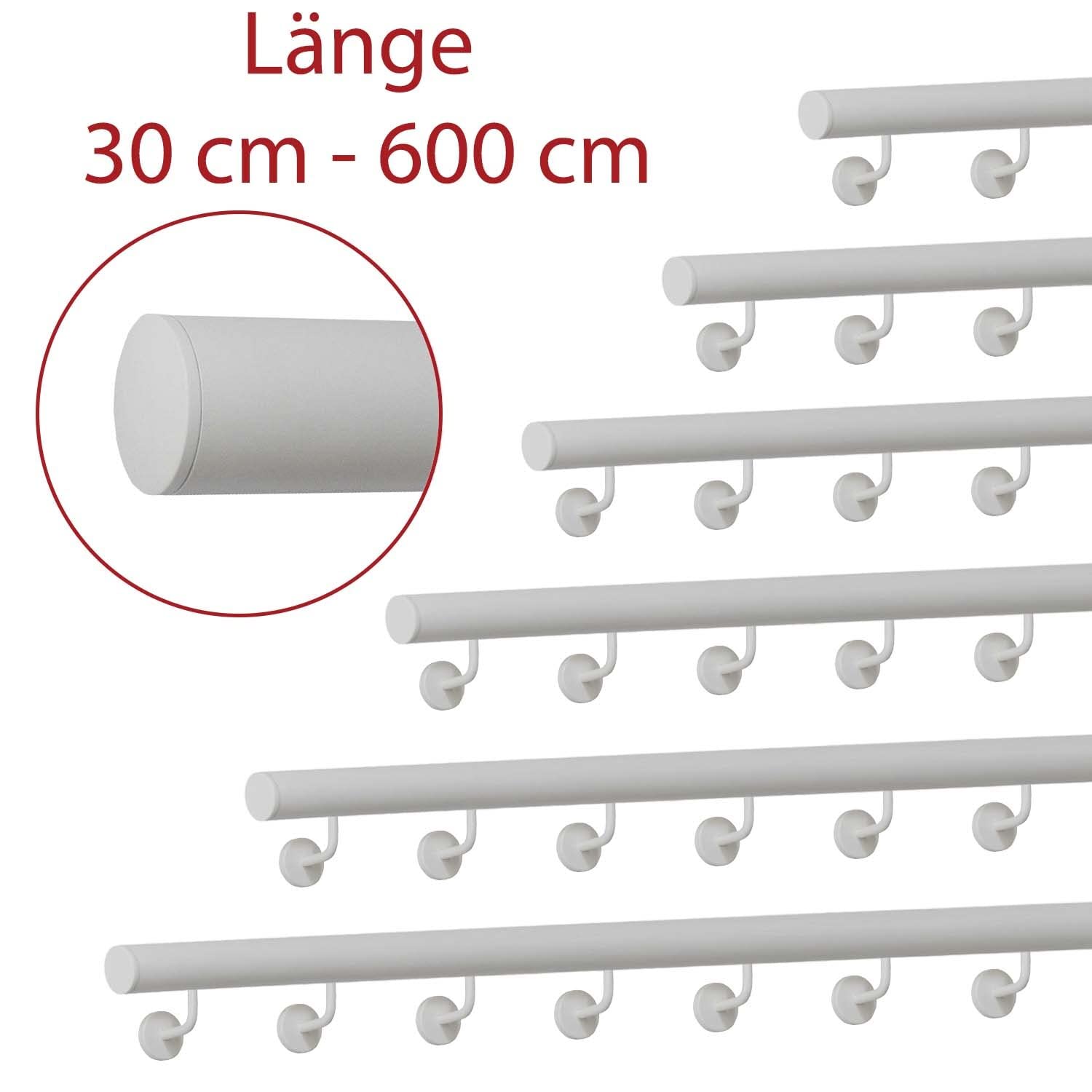 Pasamano Blanco Revestido Acero Inox. Interior Exterior Resistente a la Intemperie Barandilla/Longitud - Ligeramente Curvada Tapa, 150 cm mit 2 Halter