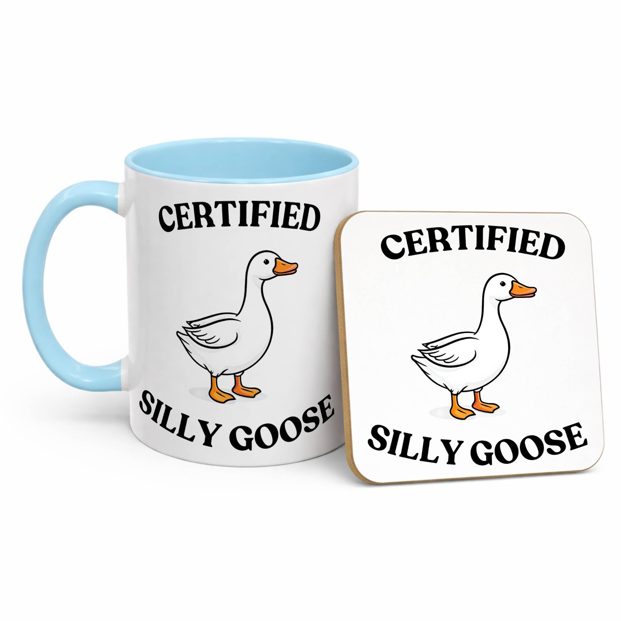 Certified Silly Goose Mug, Funny Goose Gift for Him or Her, Cute Meme Coffee Cup, Novelty Gag Birthday Present (11oz Baby Blue, Mug & Coaster Set)