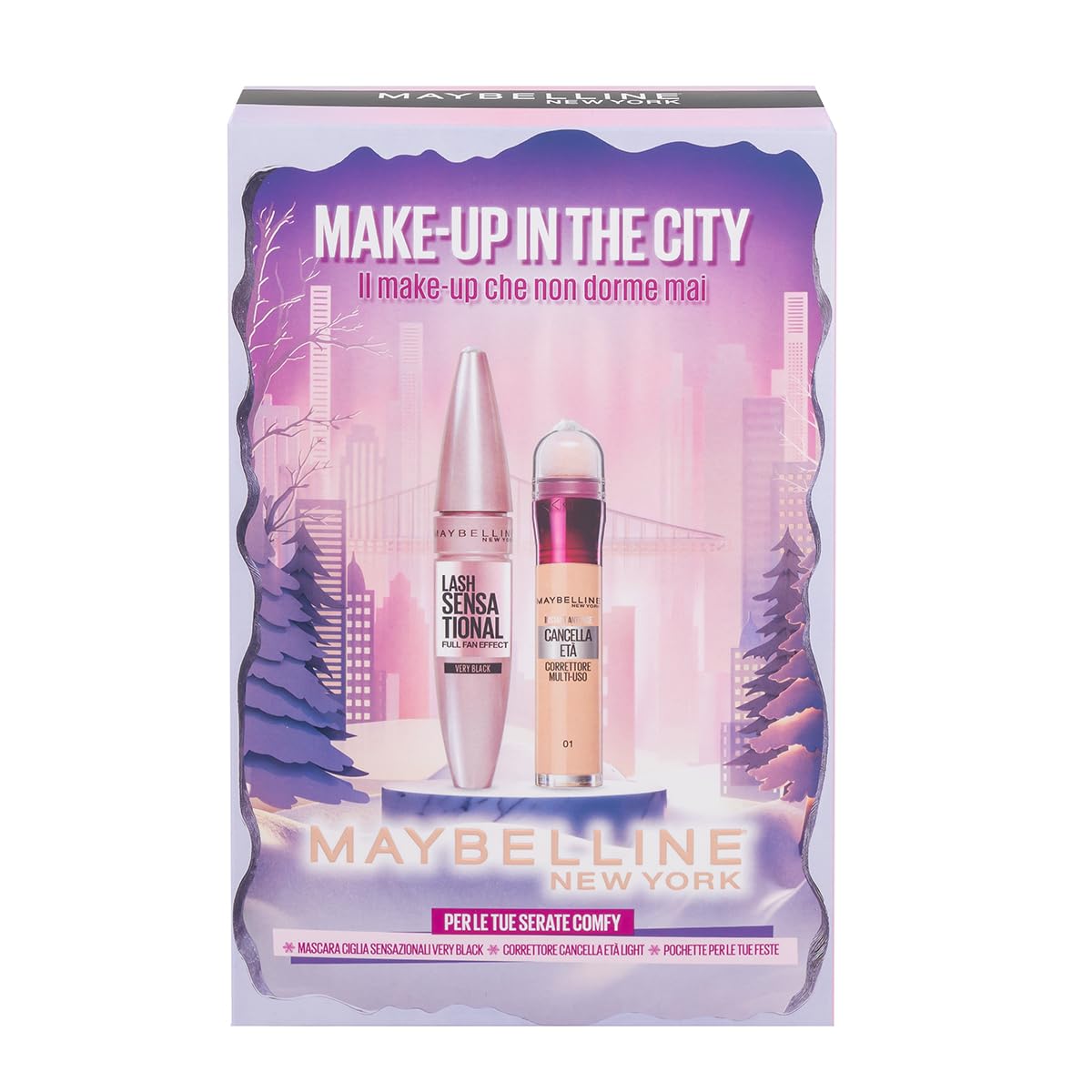 Maybelline New York Confezione Regalo con Pochette, Con Correttore e Mascara, Collezione di Natale Make Up in the City 2025, Mascara Ciglia Sensazionali Black, Cancella Età 01 Light