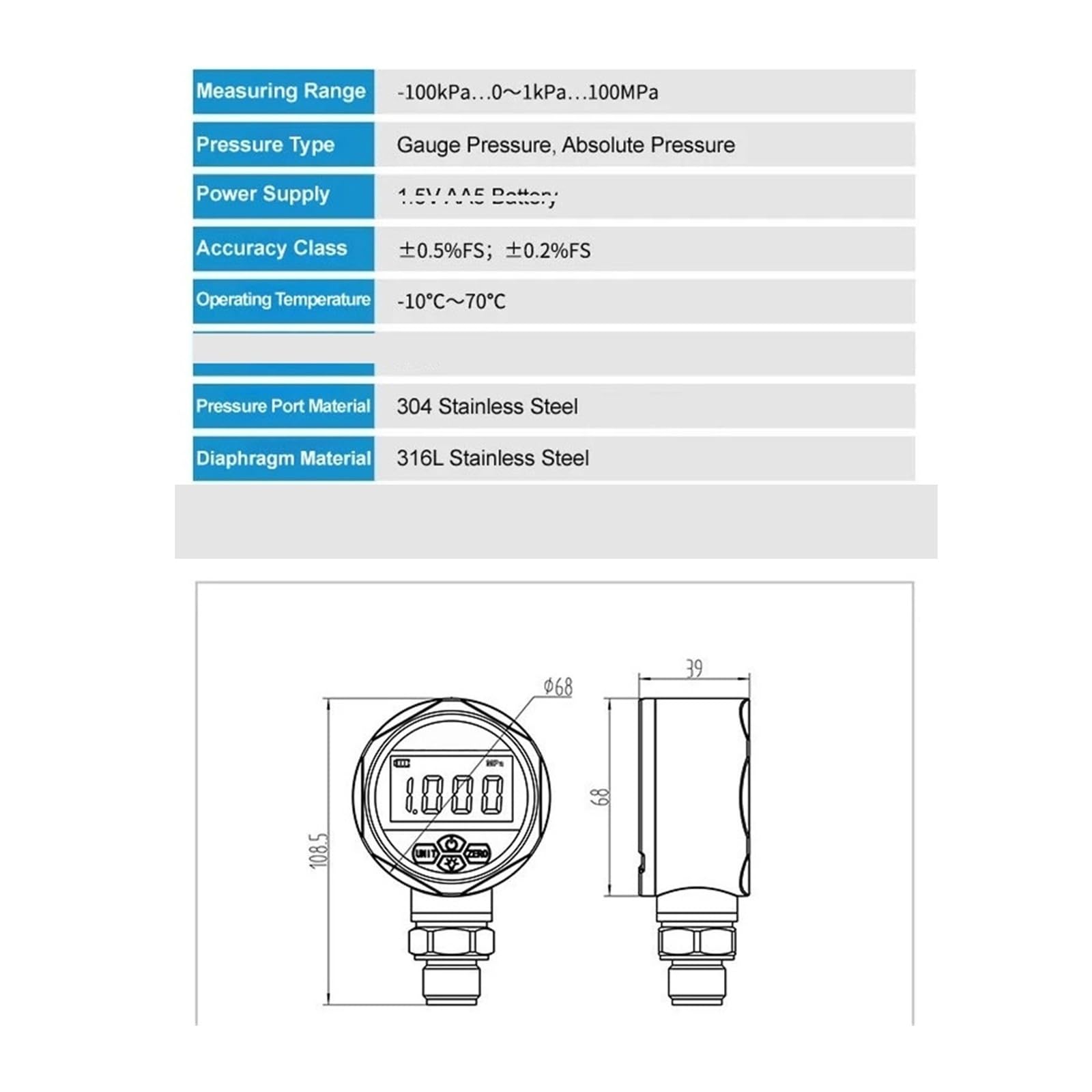 Präzisions-Digital-Manometer, YB60A 60-mm-Vakuum-Manometer −100 kPa ~ 100 MPa Peak Hold(0-6KPA)