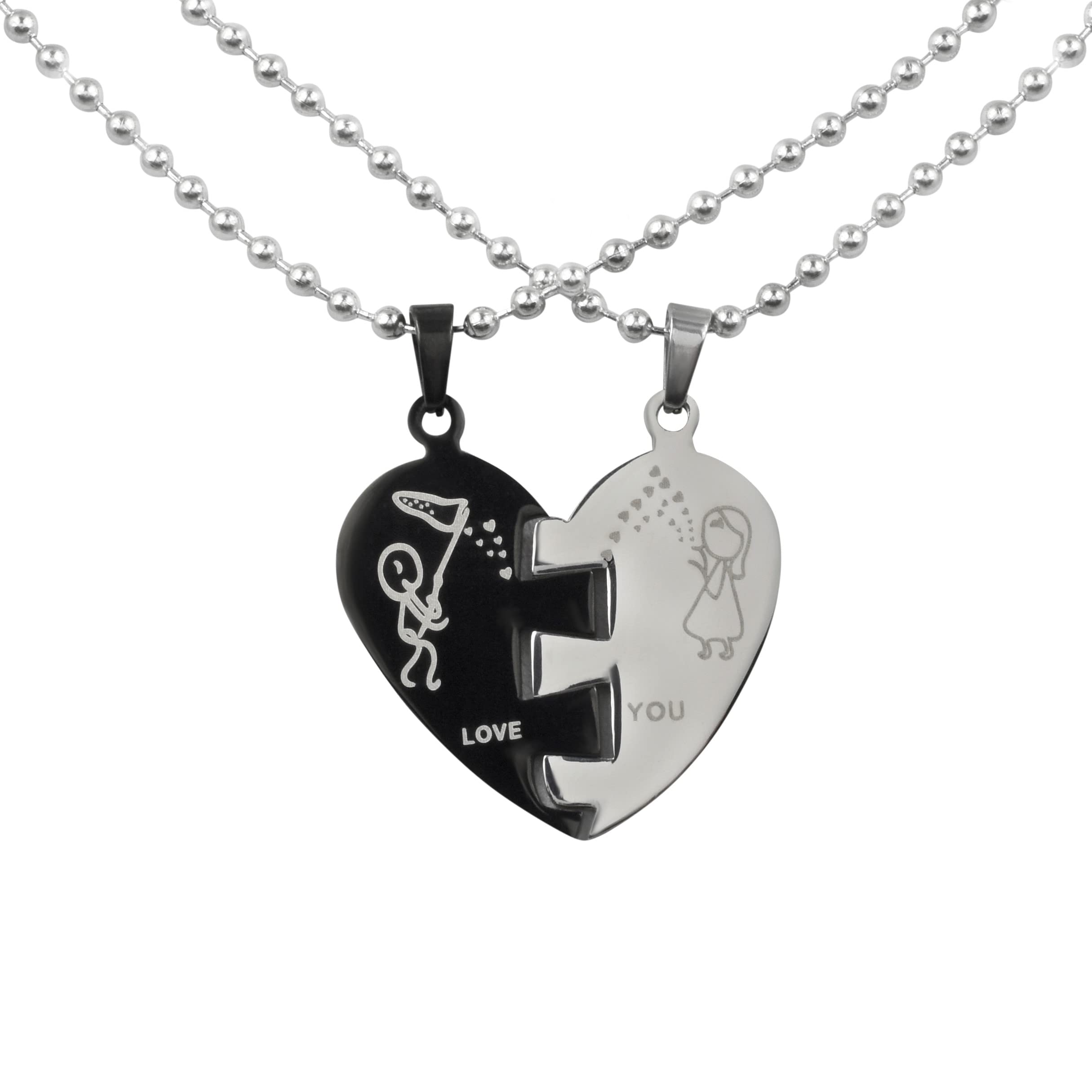 2 Stück Personalisierte Ketten mit Gravur Edelstahl 60 cm - Herzhälften "Love you" in silber und schwarz - Halsketten Männer und Frauen - Personalisierter Schmuck Paare Damen Herren Partner