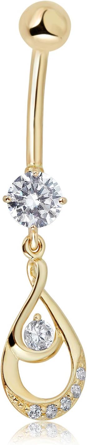 AVORA 10K Gold Simulated Diamond CZ Dangling Fancy Drop Belly Button Ring Body Jewelry (14 Gauge)