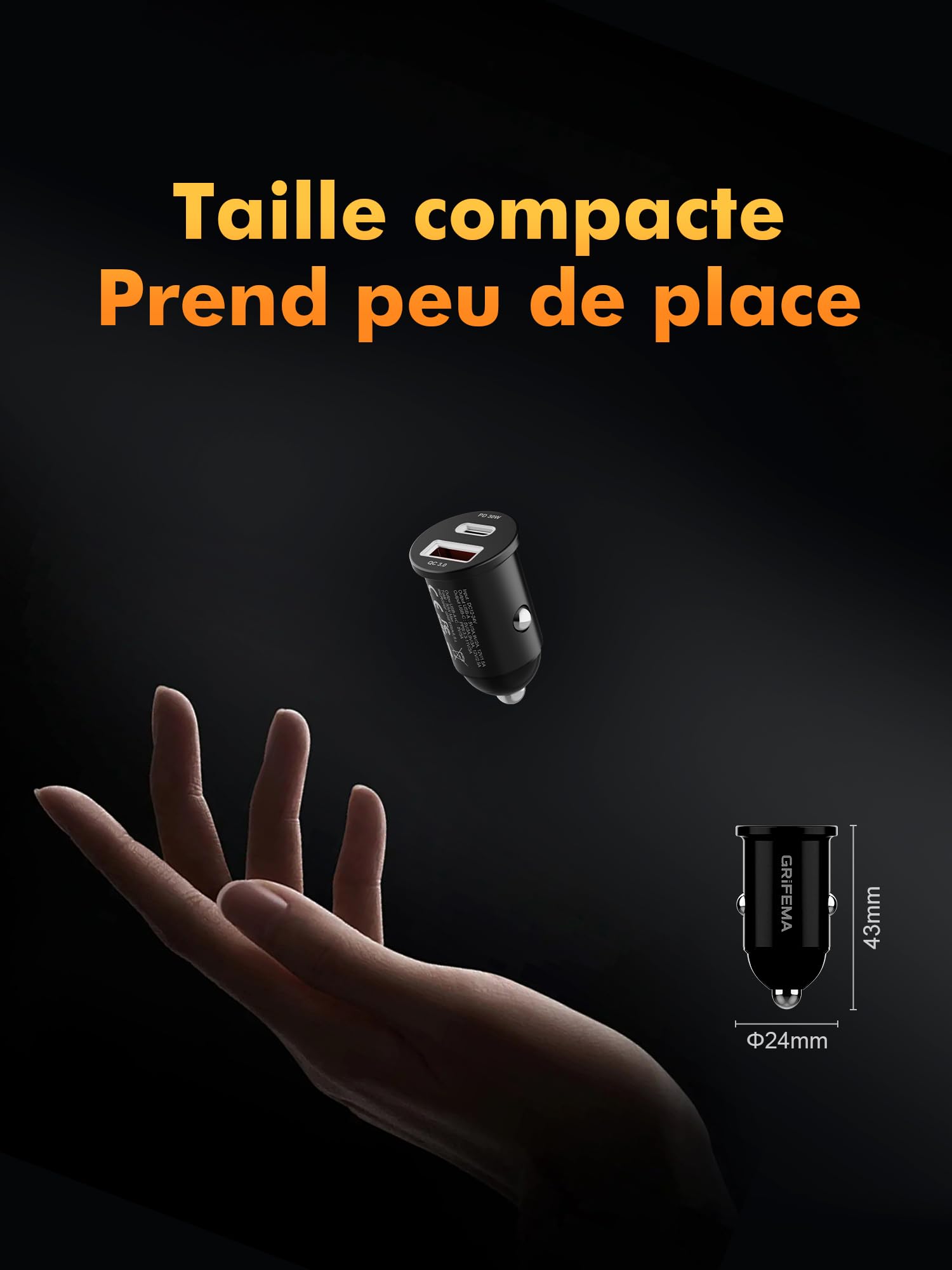 GRIFEMA Chargeur Allume Cigare USB C 30W, Chargeur Voiture Rapide Double Port avec USB-C PD 30W et USB-A QC 3.0 18W, Prise Allume Cigare 12V pour iPhone 16 15 14, Samsung, iPad–Boîtier en Aluminium