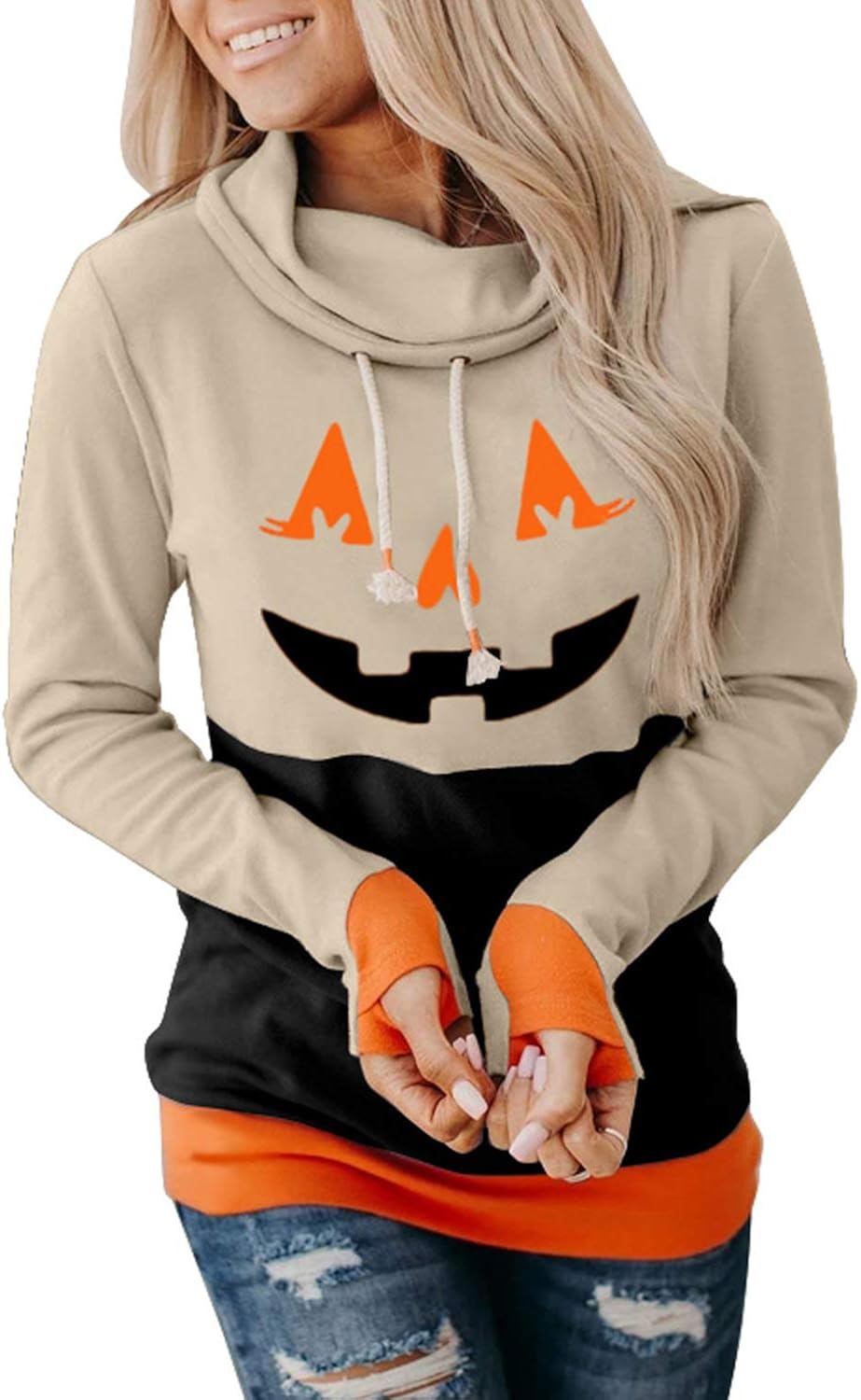 KAKALOT Women's Casual Color Block Hooded Sweatshirt with Thumb Holes