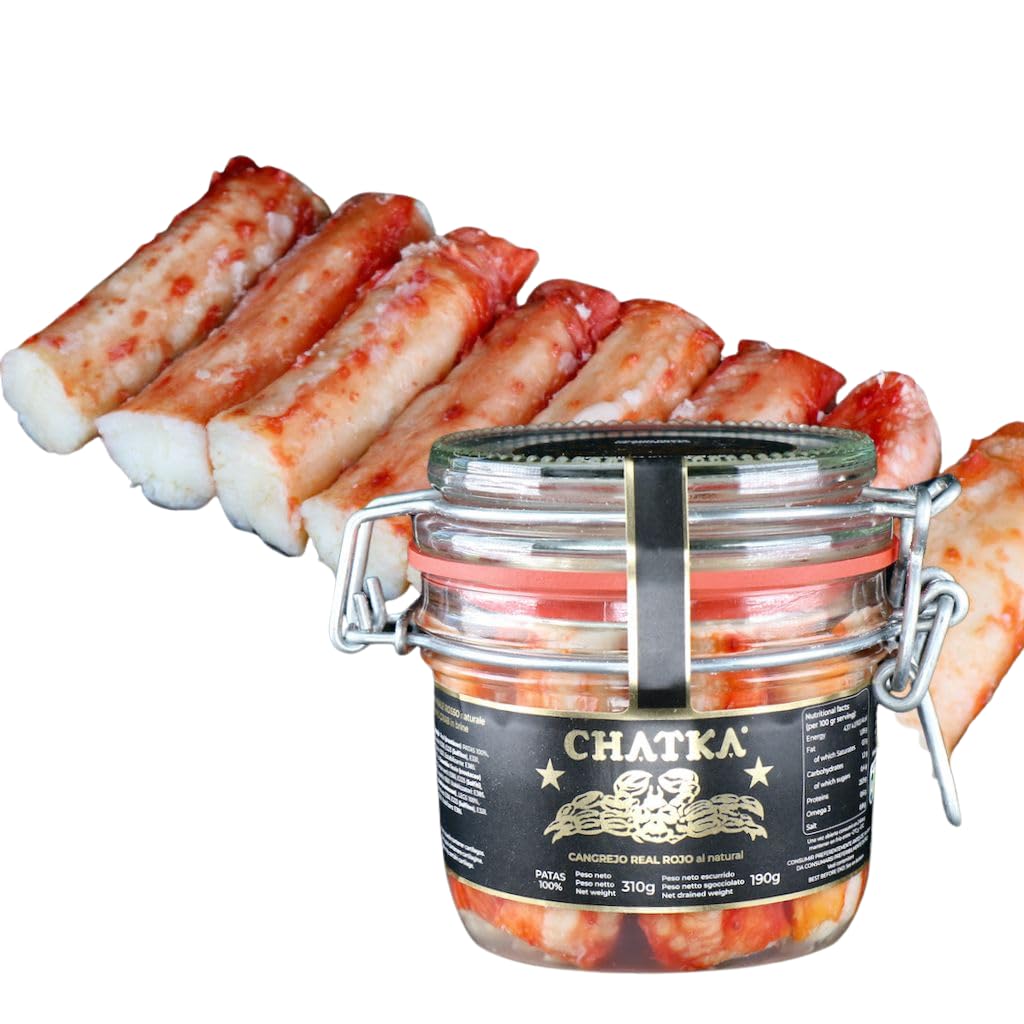Chatka - Konserve im Glas mit 100% Beinen aus rotem Königskrabbenfleisch, sorgfältig verarbeitet und geeignet für kalte Speisen, Salate und Vorspeisen. (190 gram)