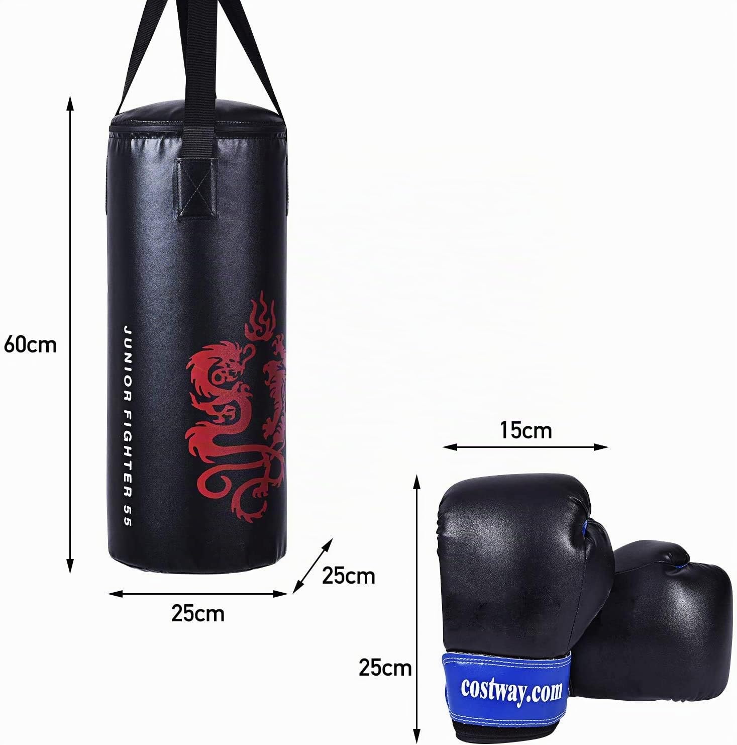 RELAX4LIFE 10 kg Boxsack Set, Boxen Set mit 8 OZ Boxhandschuhe & Springseil & Tragetasche, aufhängender Punchingsack für Kinder, Jugendliche und Erwachsene, Boxing Bag schwarz, inkl. Deckenhalterung