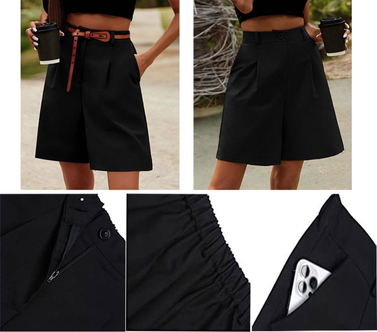 Women's Casual Bermuda Shorts Elastic Waist Wide Leg Knee Length Summer Shorts with Pockets - Image 2