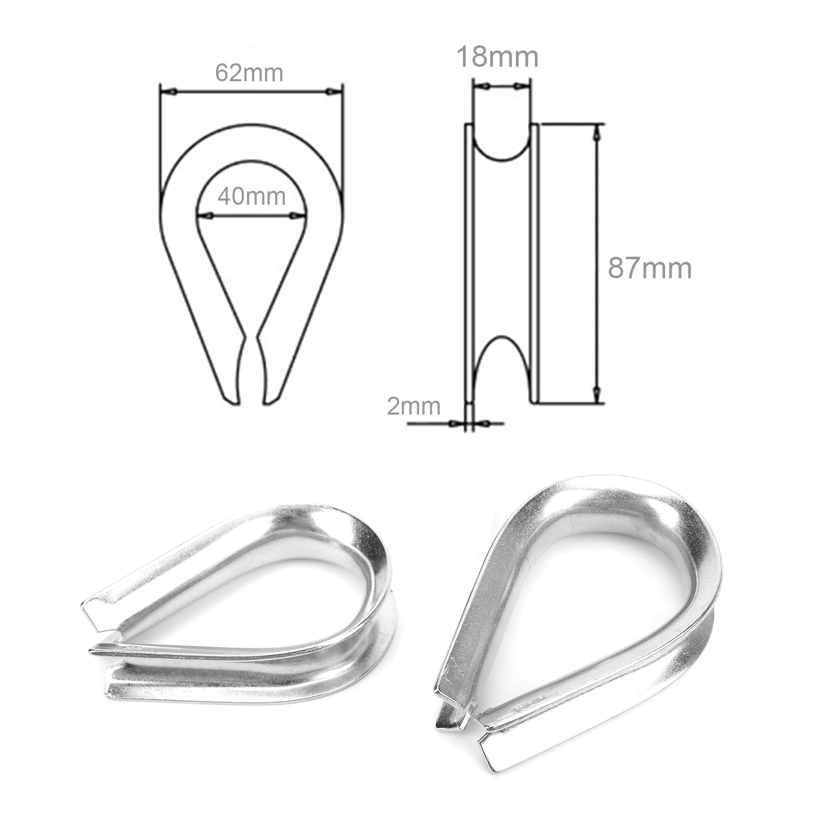 2 Pcs Edelstahl Kausche 18 mm, Rostfreie Marine Drahtseilklemme | Aus Edelstahl Drahtseile Kauschen, Leichte Kabelschuh Herzkausche für Bootszubehör, Kabelkauschen
