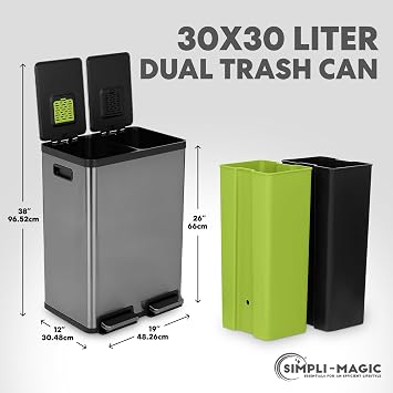 Simpli-Magic 16 Gallon (60L) Elegant Black Step Trash Can Dual Compartment Kitchen Garbage Can with Waste & Recycling Bins Slow-Close Lid, Odor Control, Hands-Free, Premium Stainless Steel