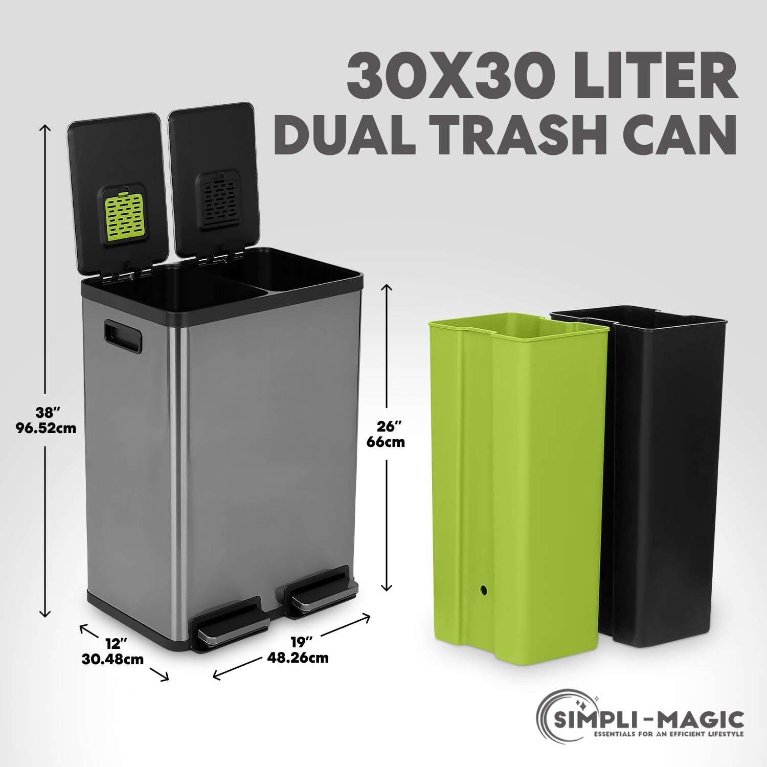 Simpli-Magic 16 Gallon (60L) Elegant Black Step Trash Can – Dual Compartment Kitchen Garbage Can with Waste & Recycling Bins – Slow-Close Lid, Odor Control, Hands-Free, Premium Stainless Steel image 3