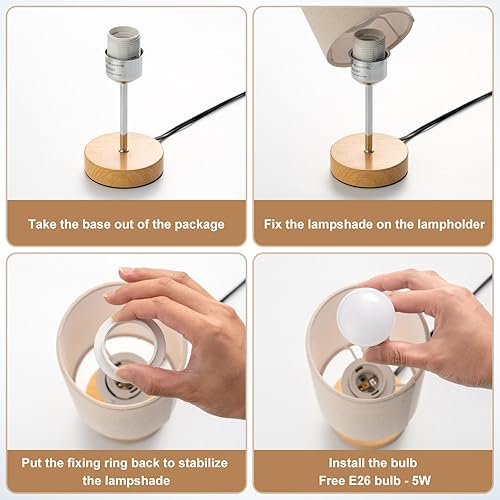 Miniatura 4 de Lámpara de mesa auxiliar pequeña para mesitas de noche de dormitorio, pantalla redonda de lino y base de metal de latón antiguo, lámparas de noche