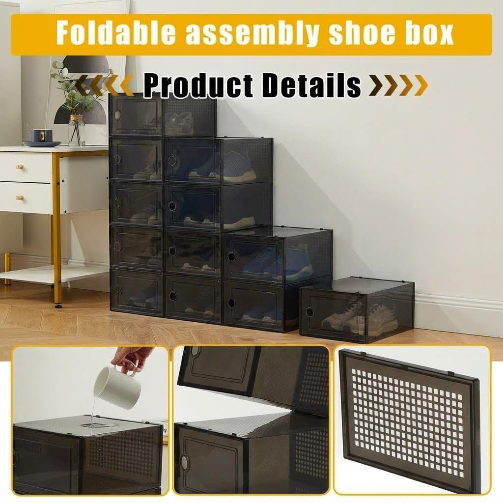 Garvee 12 Pcs Cajas De Zapatos, Organizador Zapatos De Plástico Transparente Apilables, Contenedores Organizadores De Zapatos Con Tapas Para Mujeres/Hombres,Negro