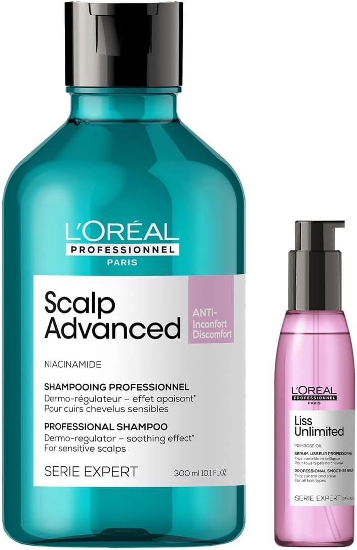 L'OREAL PROFESSIONNEL PARIS Scalp Advanced Anti-Discomfort Dermo-Regulator Shampoo| (300 Ml) & L'Orã©Al Professionnel Serie Expert Liss Unlimited Blow Dry Serum 125 Ml Combo