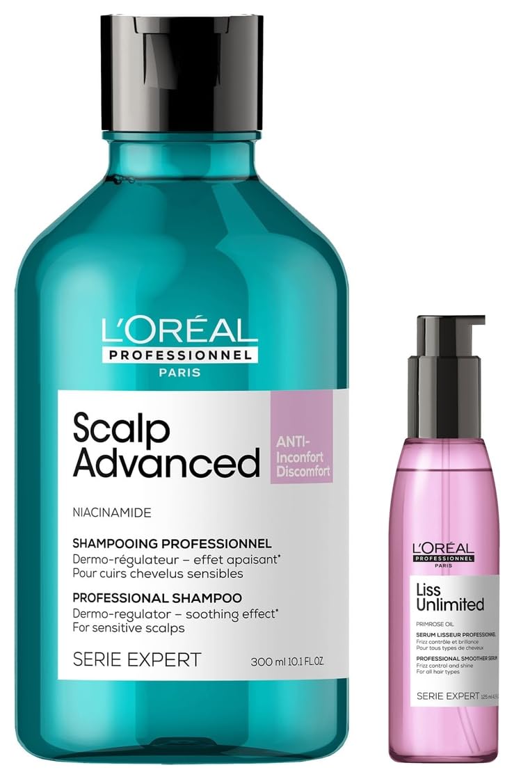 L'OREAL PROFESSIONNEL PARIS Scalp Advanced Anti-Discomfort Dermo-Regulator Shampoo| (300 Ml) & L'Orã©Al Professionnel Serie Expert Liss Unlimited Blow Dry Serum 125 Ml Combo