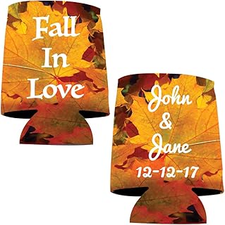 10 Koozie Wedding Favor Ideas Perfect for Relaxed Celebrations 27 VictoryStore Can and Beverage Coolers: Customizable Autumn “Fall in Love...