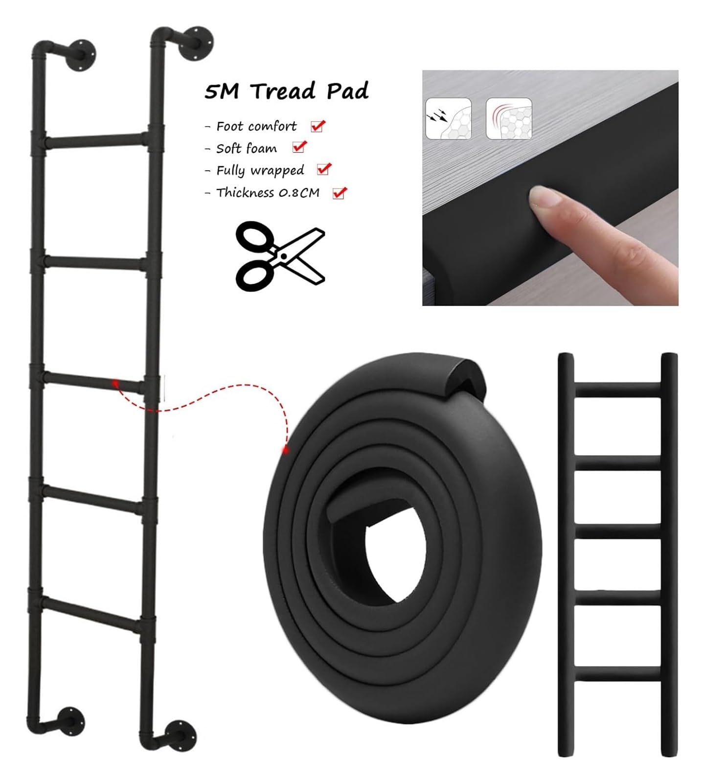 Escalera negra para litera de autocaravana, 156 cm, accesorio resistente y de escalada, ideal para niños y adultos, ahorra espacio, seguro y fiable para uso interior