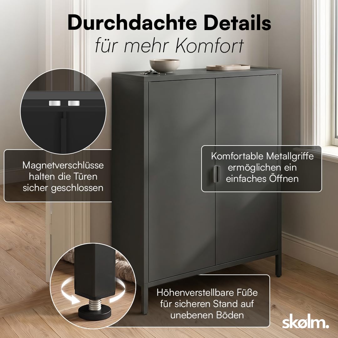 skølm Ituri Metall Kommode – Metallschrank mit 3 verstellbaren Fächern – Sideboard Wohnzimmer Schwarz – Aufbewahrungsschrank aus Stahl – Highboard im Industrial Design – Büroschrank/Flurschrank