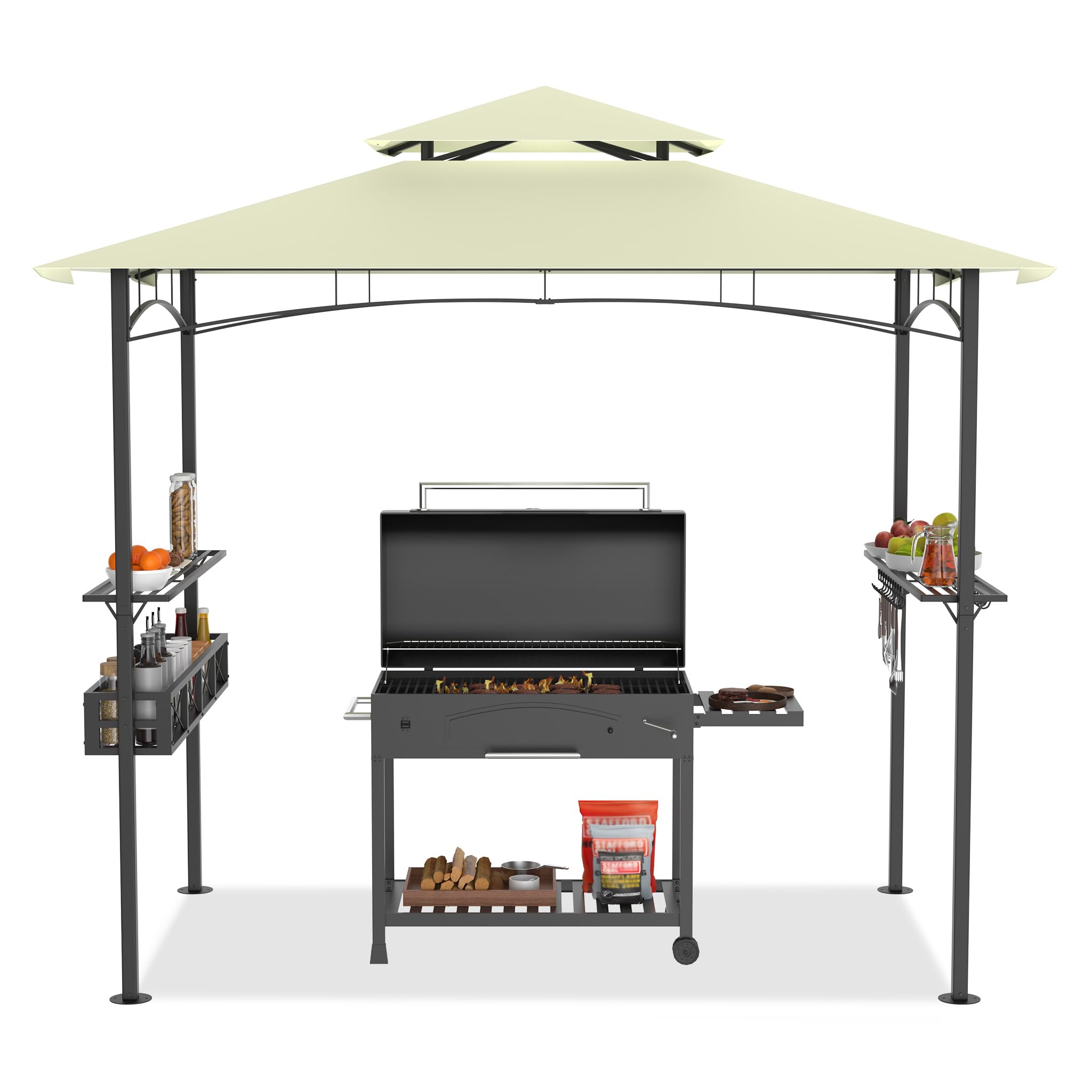 HENGMEI Grill Pavillon 2.45 x 1.53m, Grillpavillon Partyzelt Doppelstöckige Schutzabdeckung, Grillzelt Gartenpavillon Pergola mit Regalen und Ablagekörben für Party, Marktstand, Picknick (Beige)