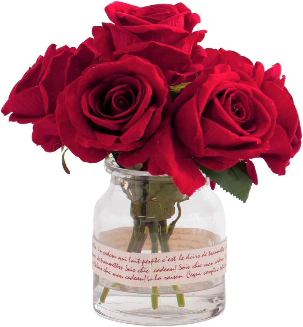 Fudostar Artificial Silk Roses and Simulated Water in Transparent Glass Vase Wrapped with Braid, Handmade Flower Arrangement, Natural Looking, Simple and Elegant (Red)