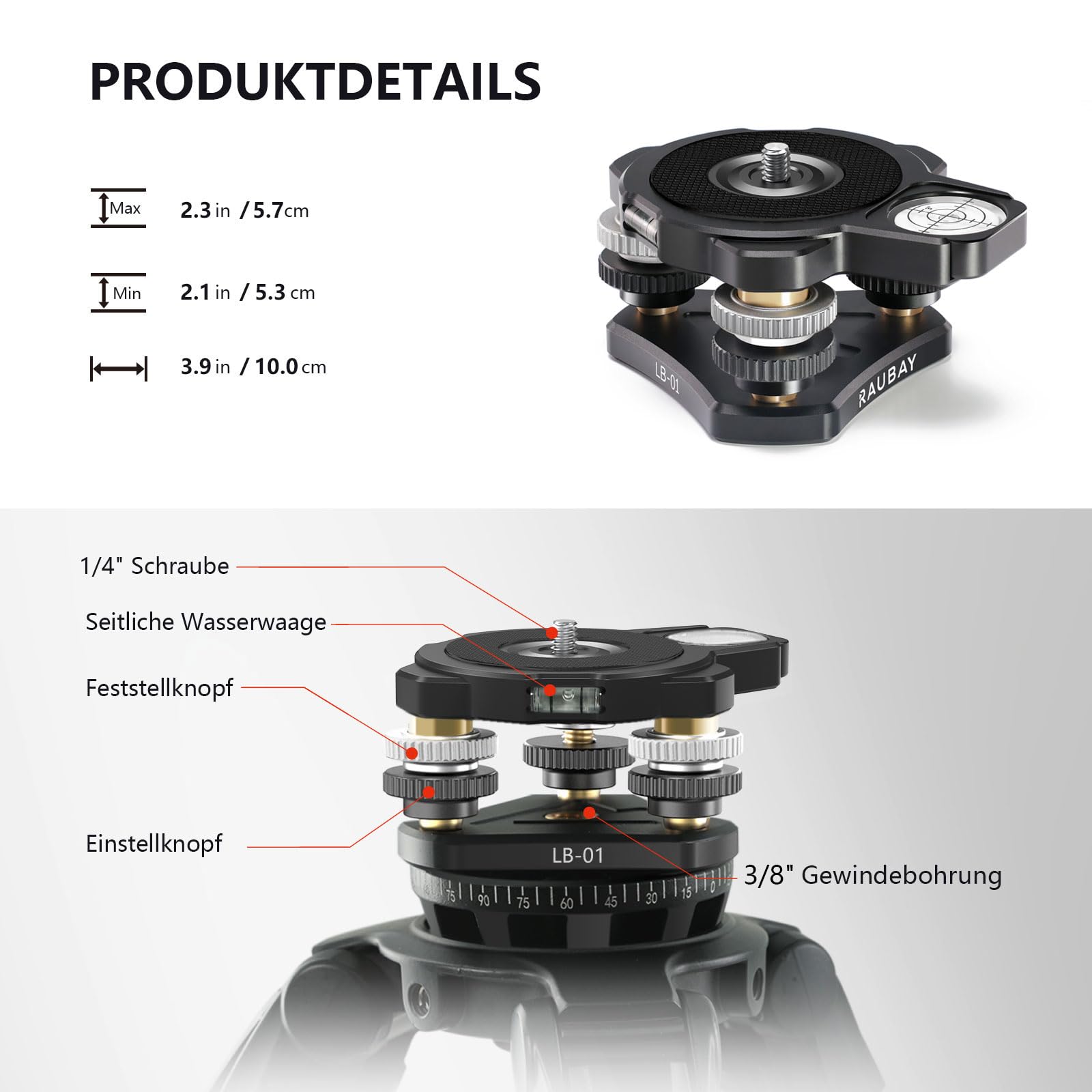 RAUBAY Stativ-Nivellierbasis – Abnehmbare magnetische Wasserwaage, ±6° Neigungsbereich, CNC-Aluminium 1/4"-Montage-Nivellierer für DSLR-Kameras, Videoköpfe und astronomische Teleskope LB-01