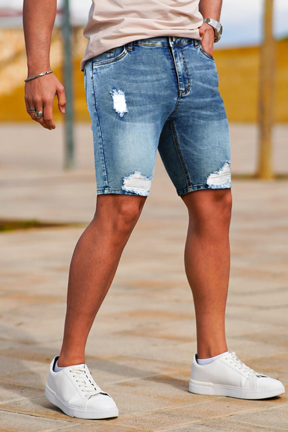 GINGTTO Men's Jean Shorts Ripped Slim Fit Stretch Denim Shorts - Image 3