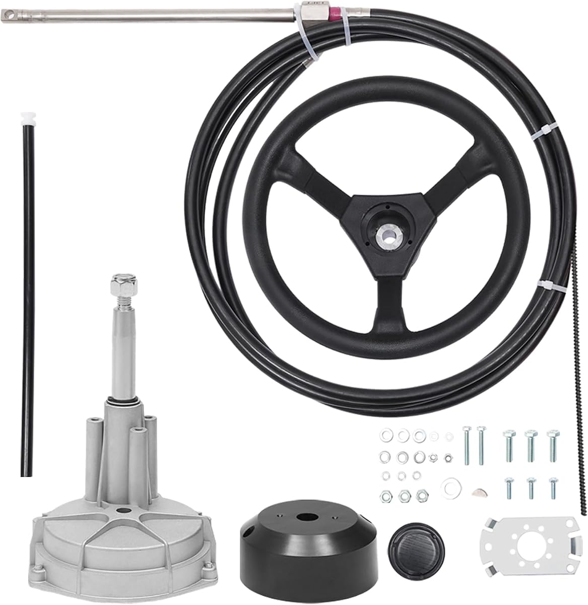 16 FT Boat Steering Cable Outboard Rotary System Kit with Steering Wheel | Boat Control Cable With 12.5" Wheel Durable Marine Steering System for Mechanical/Manual Steering of Yachts, Fishing Boats