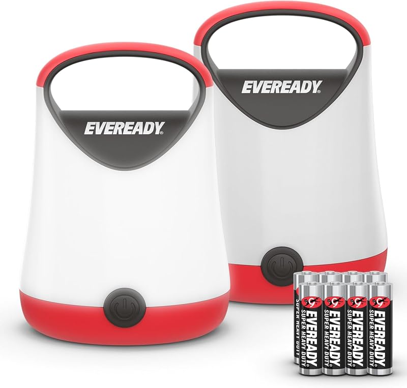 Eveready Linterna LED para camping X-250 (paquete de 2), luces superbrillantes para tienda de campaña, linternas LED resistentes al agua, 100 horas de funcionamiento (pilas incluidas), rojo y negro